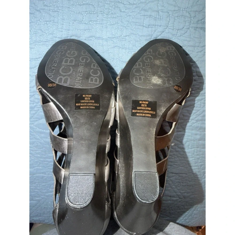 GIANNI BINI Dark Silver STRAPPY WEDGE HEEL PEEP TOE SANDALS WOMENS Size 8 M